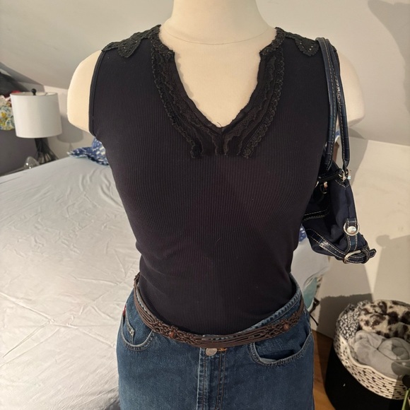Mango Black Lace Embroidered Trim Top - Picture 2 of 10